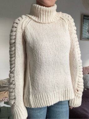 SOH Hand Knit Cashmere Silk Wool Cream Cable knit Sleeve Turtleneck Sweater S